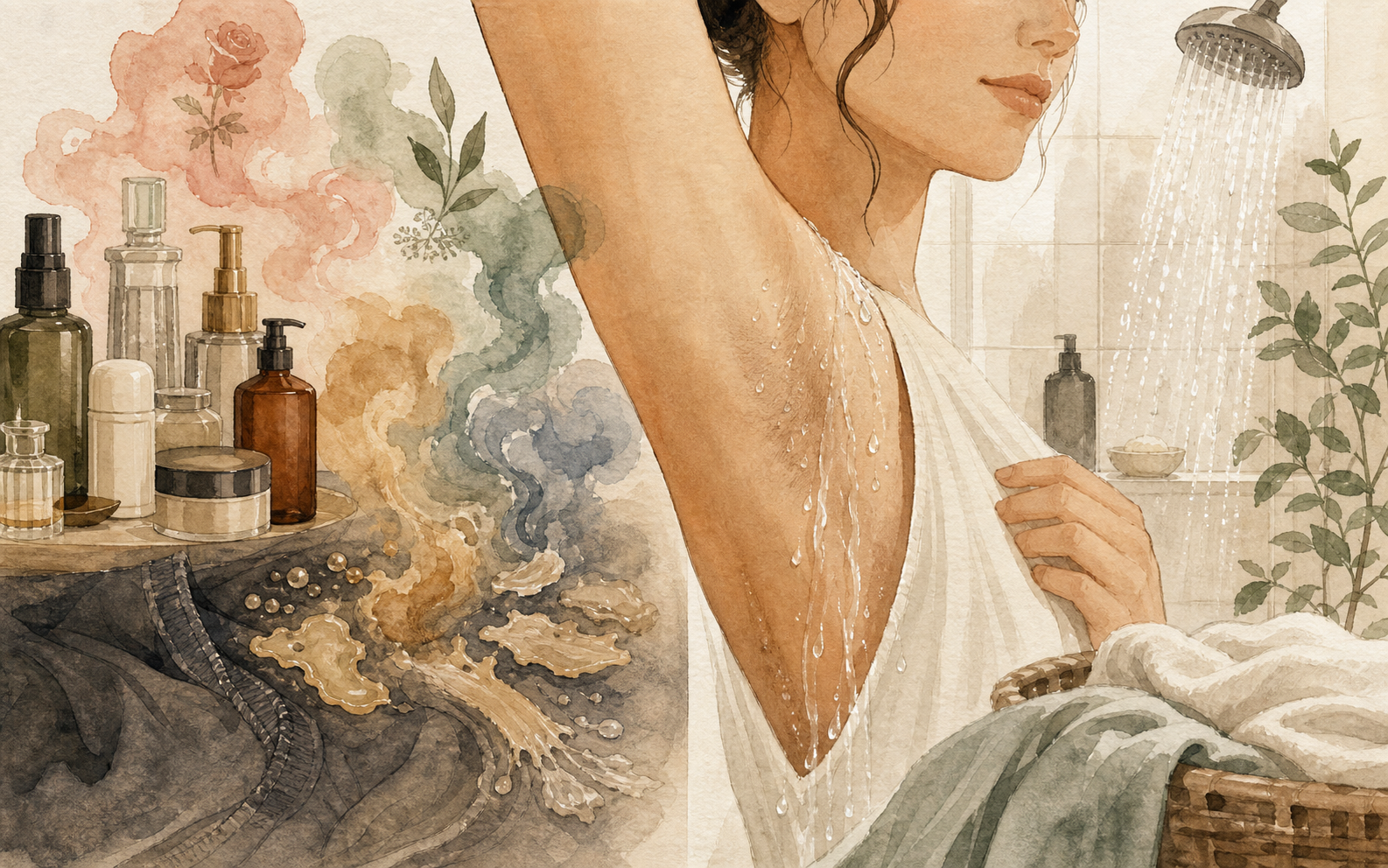 Illustration contrasting translucent scent/residue layers with a quieter rinse-off routine.