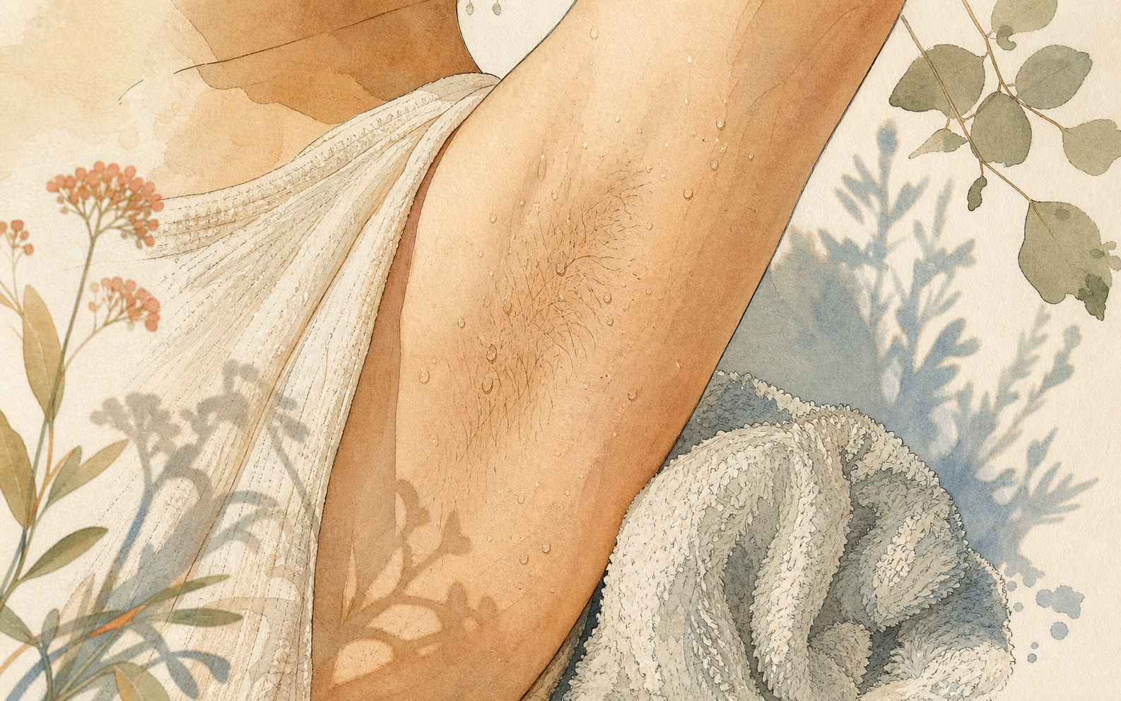 Close editorial field guide of underarm skin, towel texture, droplets, and soft botanical shadows.