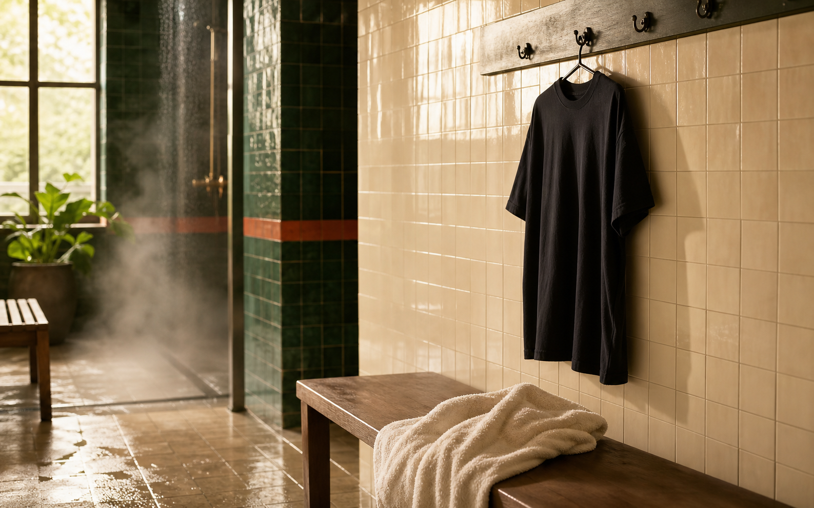 An empty locker room with wet tile, a dark shirt on a hook, and warm shower steam in soft light.