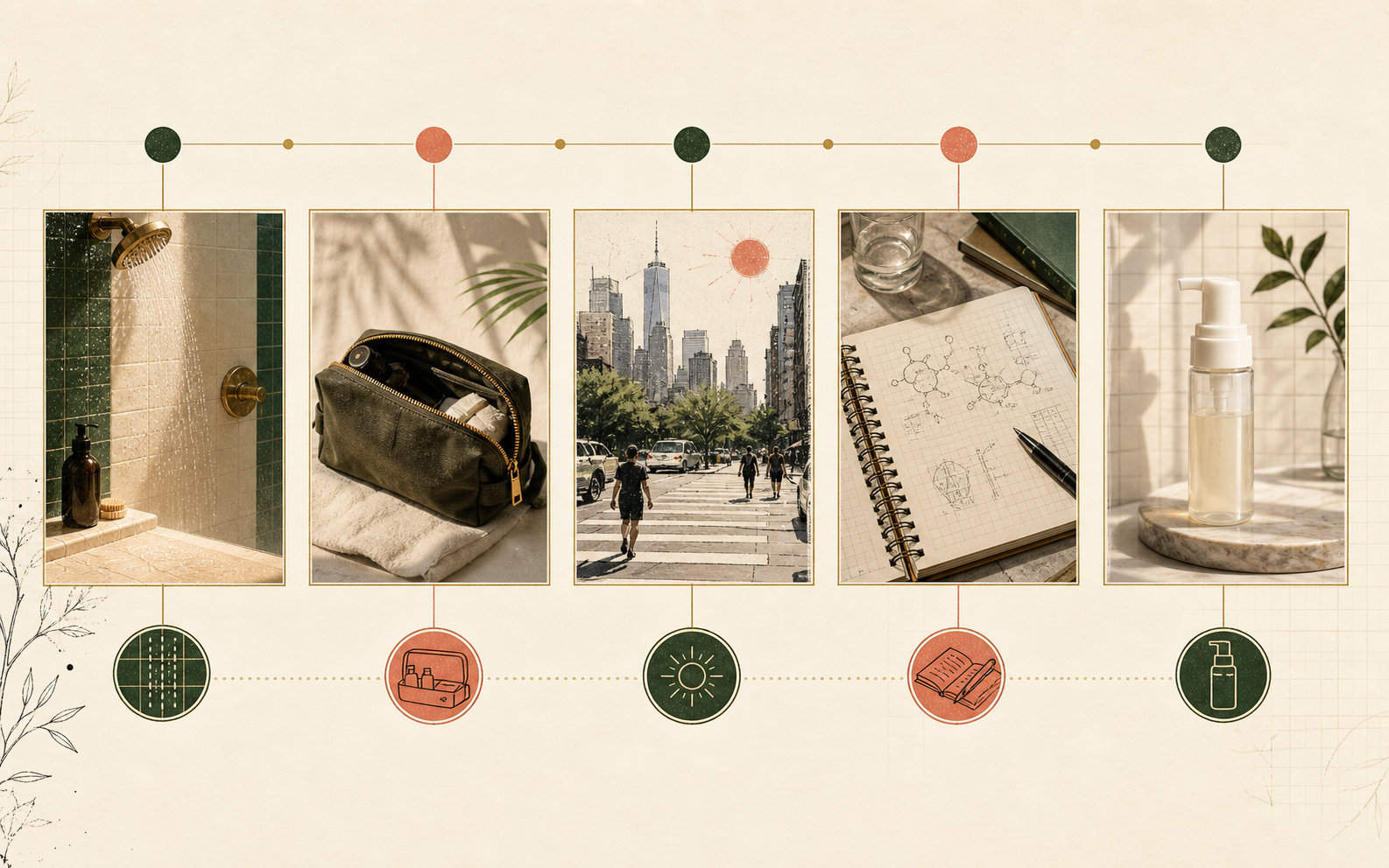 An editorial timeline from 2019 to 2026 showing shower tile, travel stamps, city heat, formulation notes, and a first bottle concept.