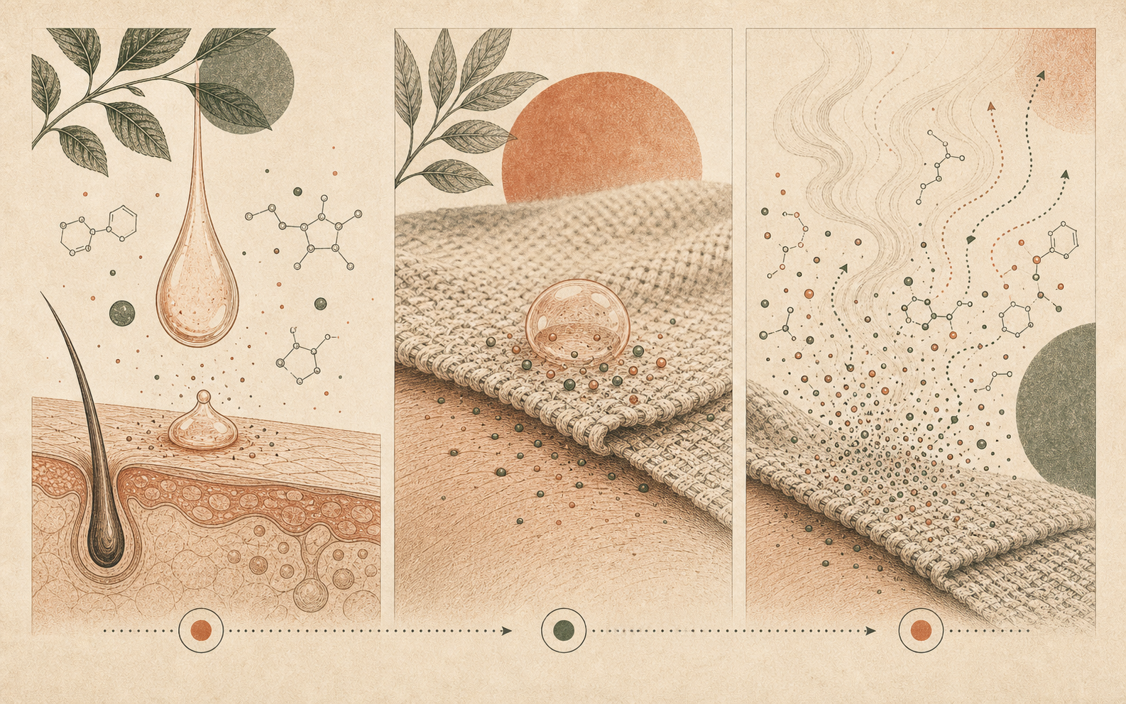 Editorial chain reaction showing underarm secretions transforming into odor molecules over time.