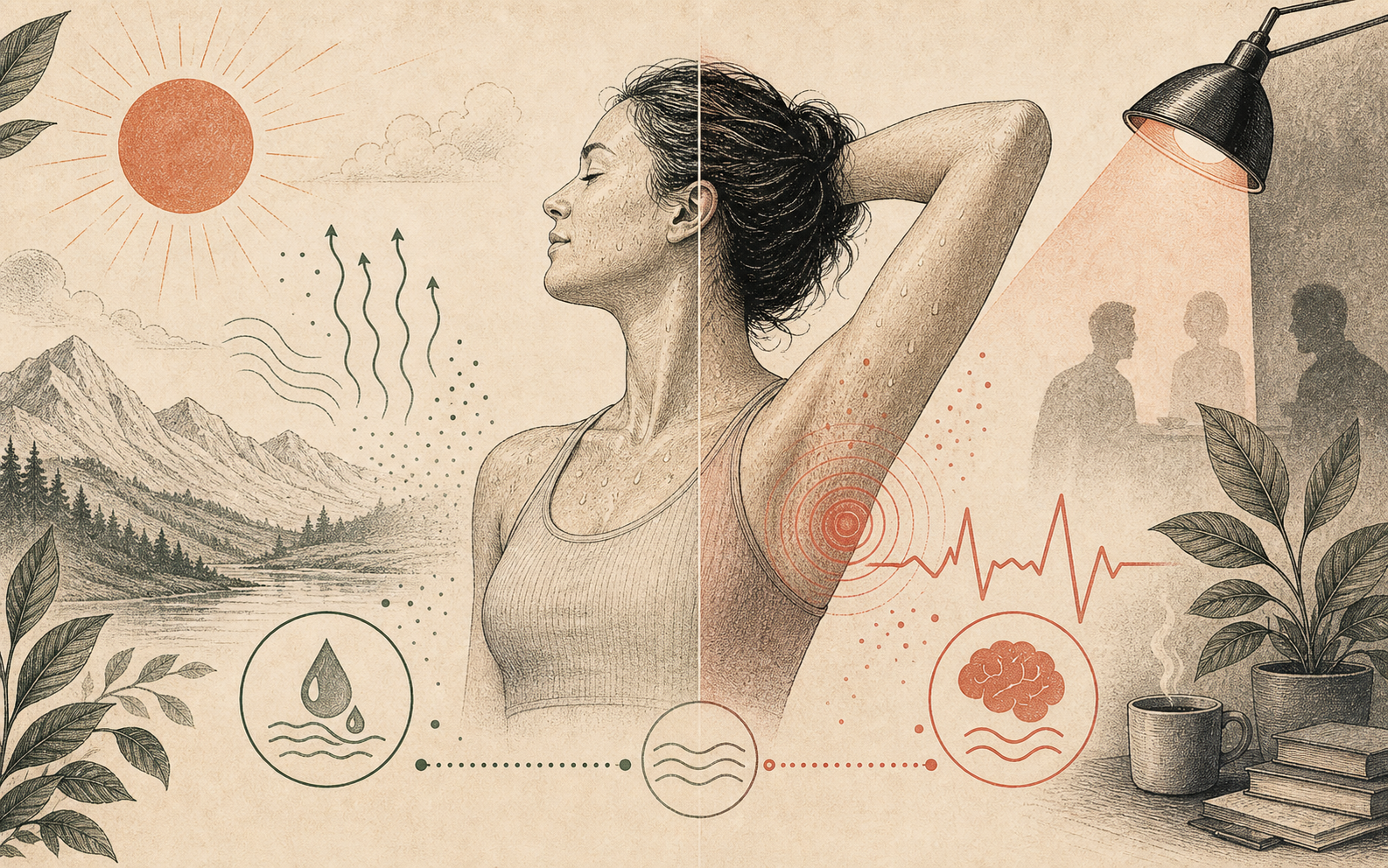 Editorial split illustration comparing heat sweat and stress sweat as two underarm weather systems.