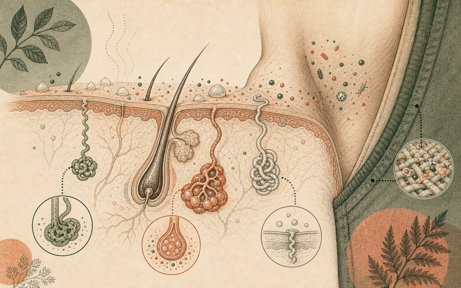 Editorial map of the underarm as a small climate with glands, fabric, hair follicles, skin microbes, and heat.