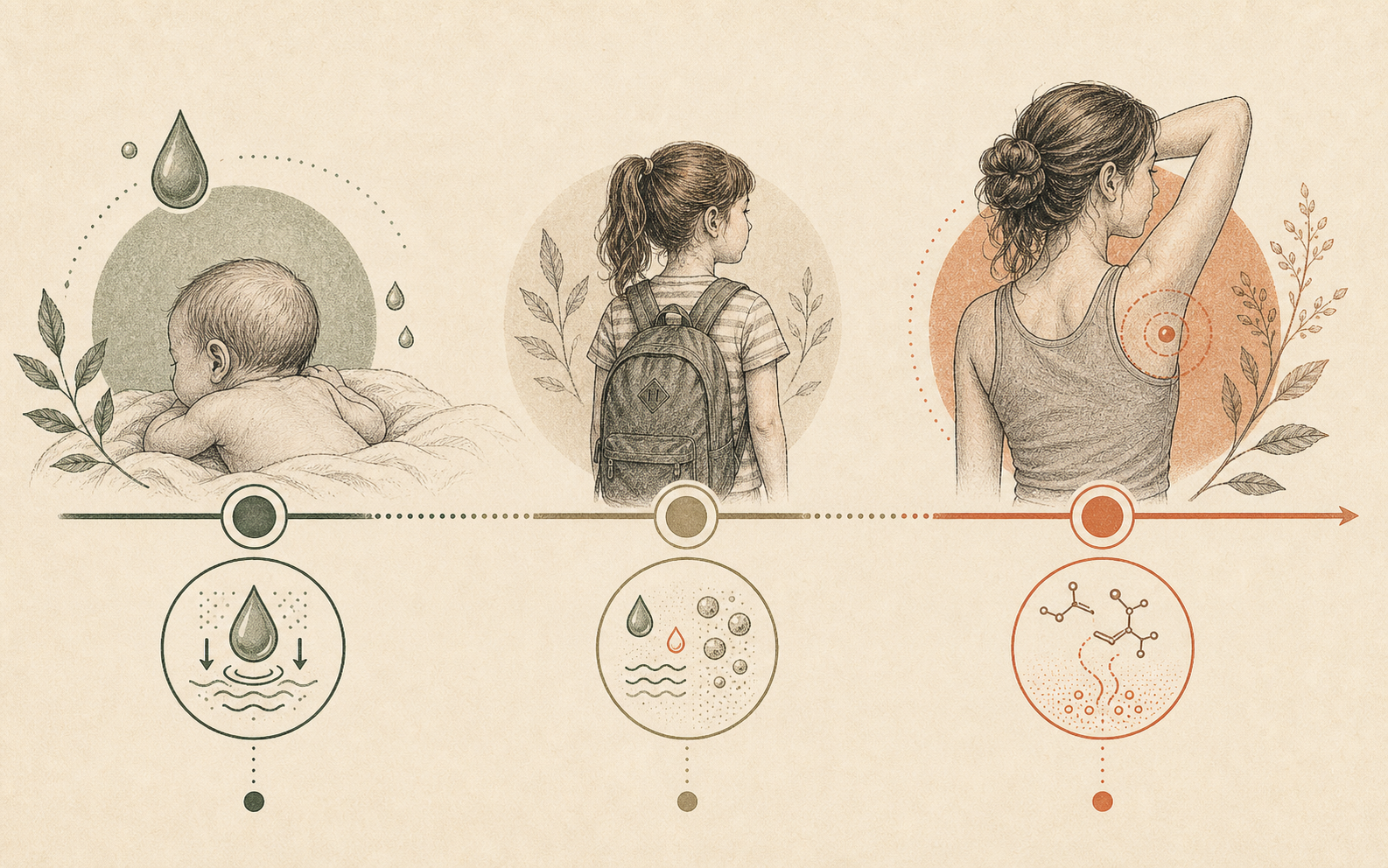 Gentle illustrated timeline of childhood sweating, adrenarche, and teen underarm changes.