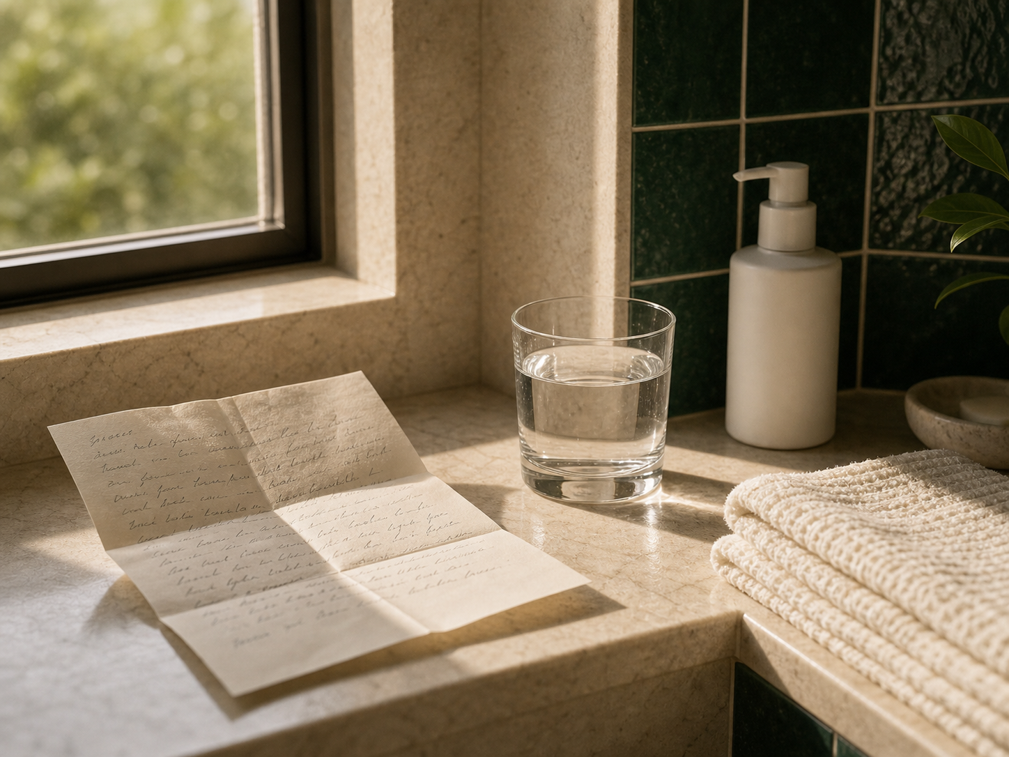 A handwritten note beside a bathroom shelf with an unbranded pump bottle, folded towel, and morning light.