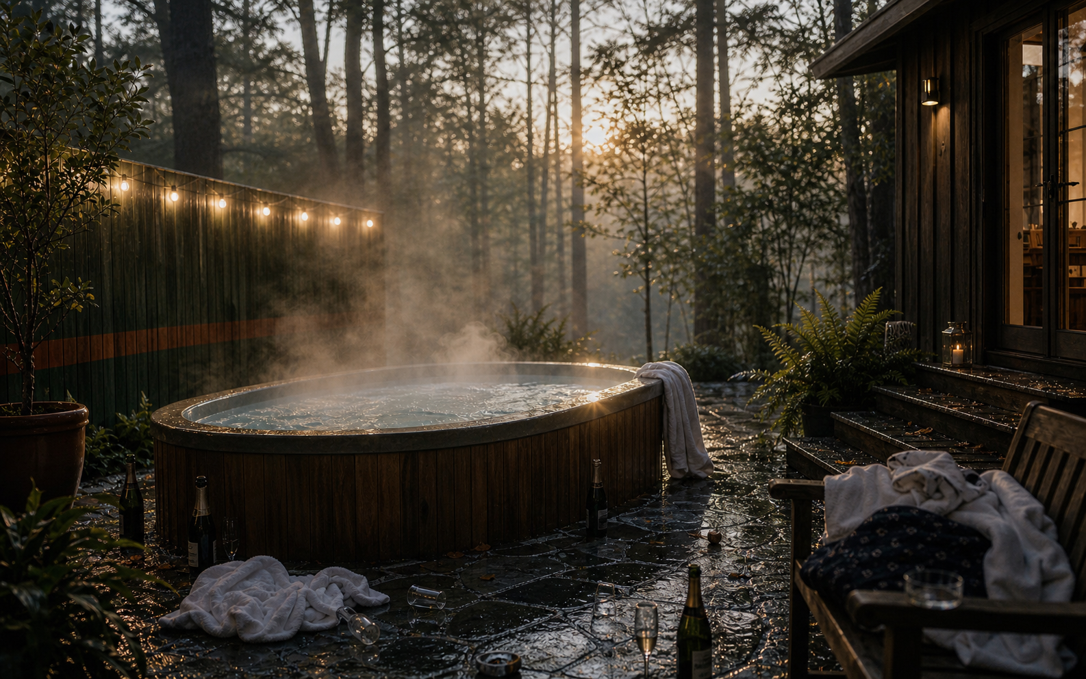 Steam rising from a backyard hot tub at night, with towels on a chair and house lights in the background.