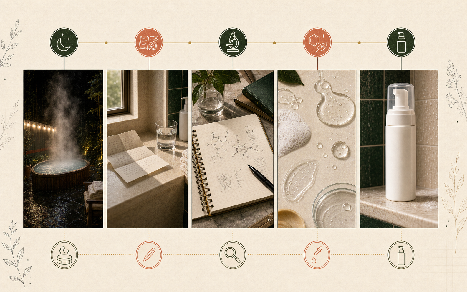 Editorial timeline showing the path from hot tub night to a note, ingredient research, formula testing, and an unbranded bottle concept.