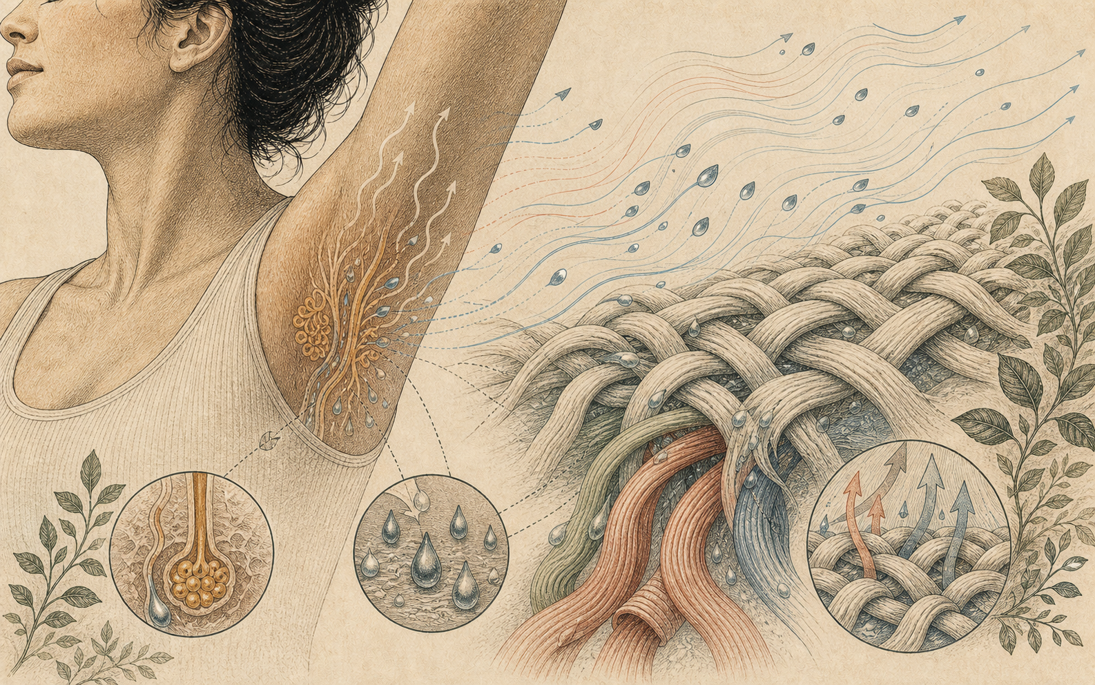 Editorial diagram showing gland pathways meeting fabric and airflow around the underarm.