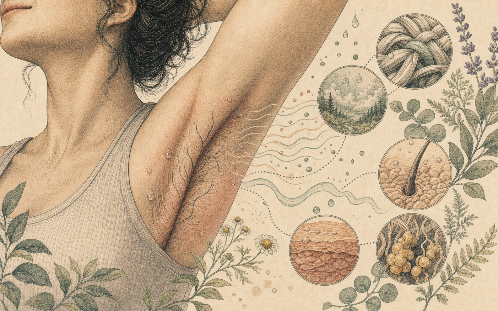 Editorial map of the underarm as a warm folded microclimate with moisture, fabric, hair, and skin chemistry.