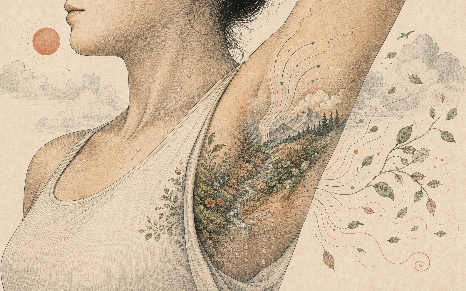 Editorial close-up of an underarm fold with droplets, fabric threads, and gentle airflow lines.