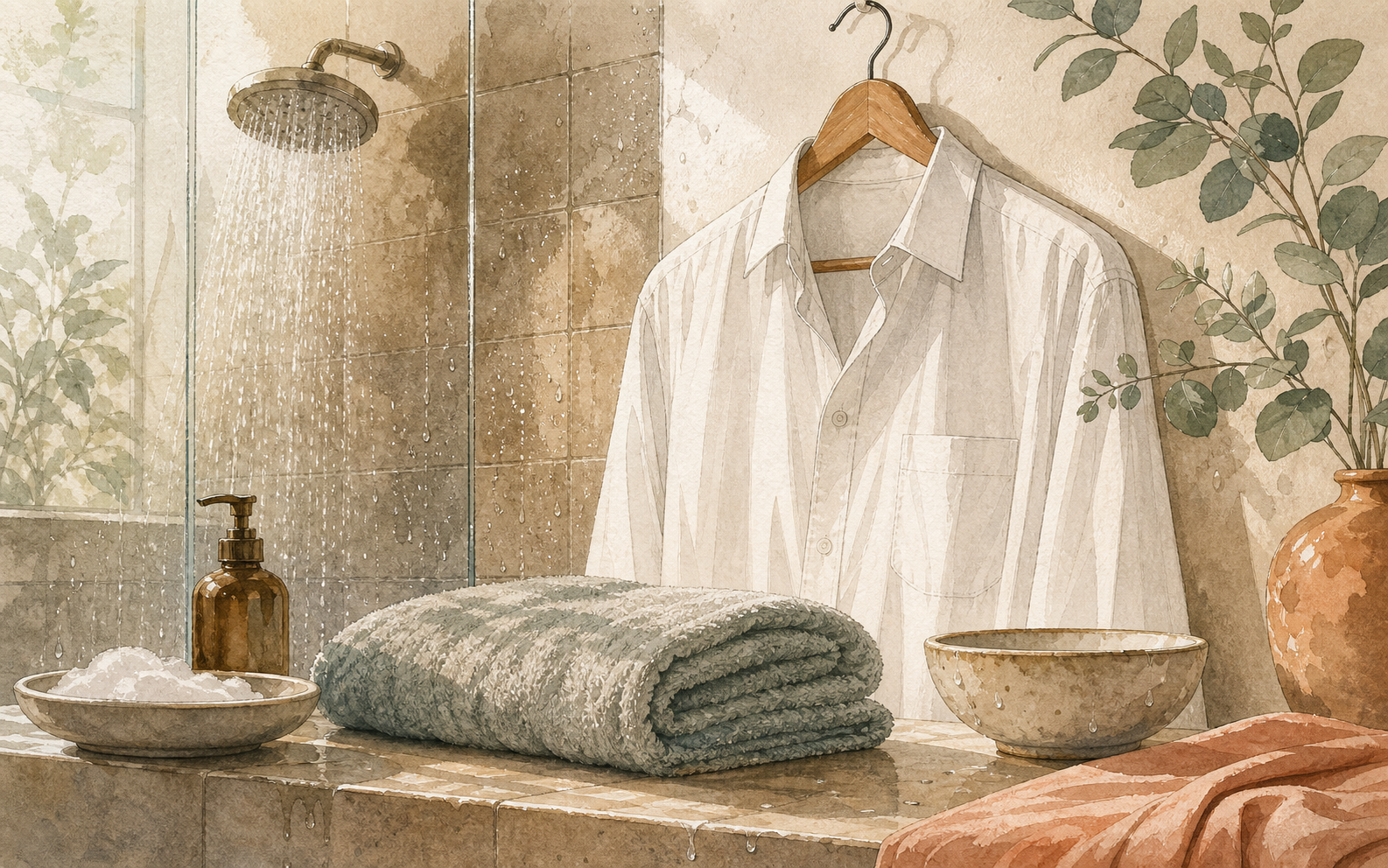 Bathroom still life with running shower, towel, foam, and a clean shirt waiting on a hanger.