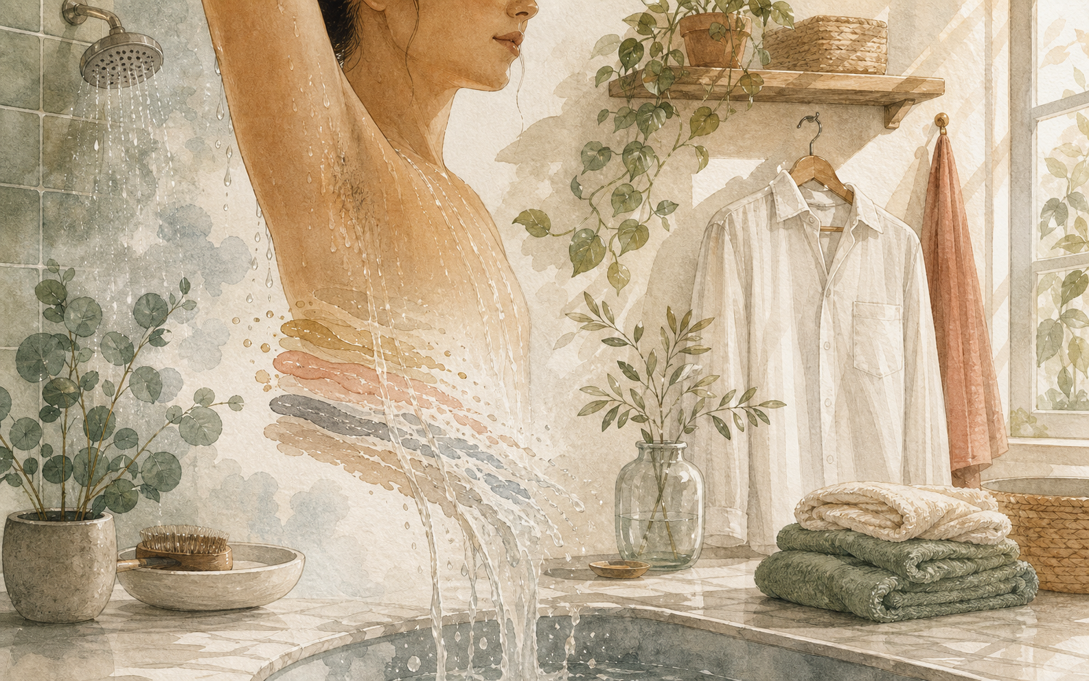 Illustration of rinse water, towel, clean shirt, and residue dissolving before dressing.