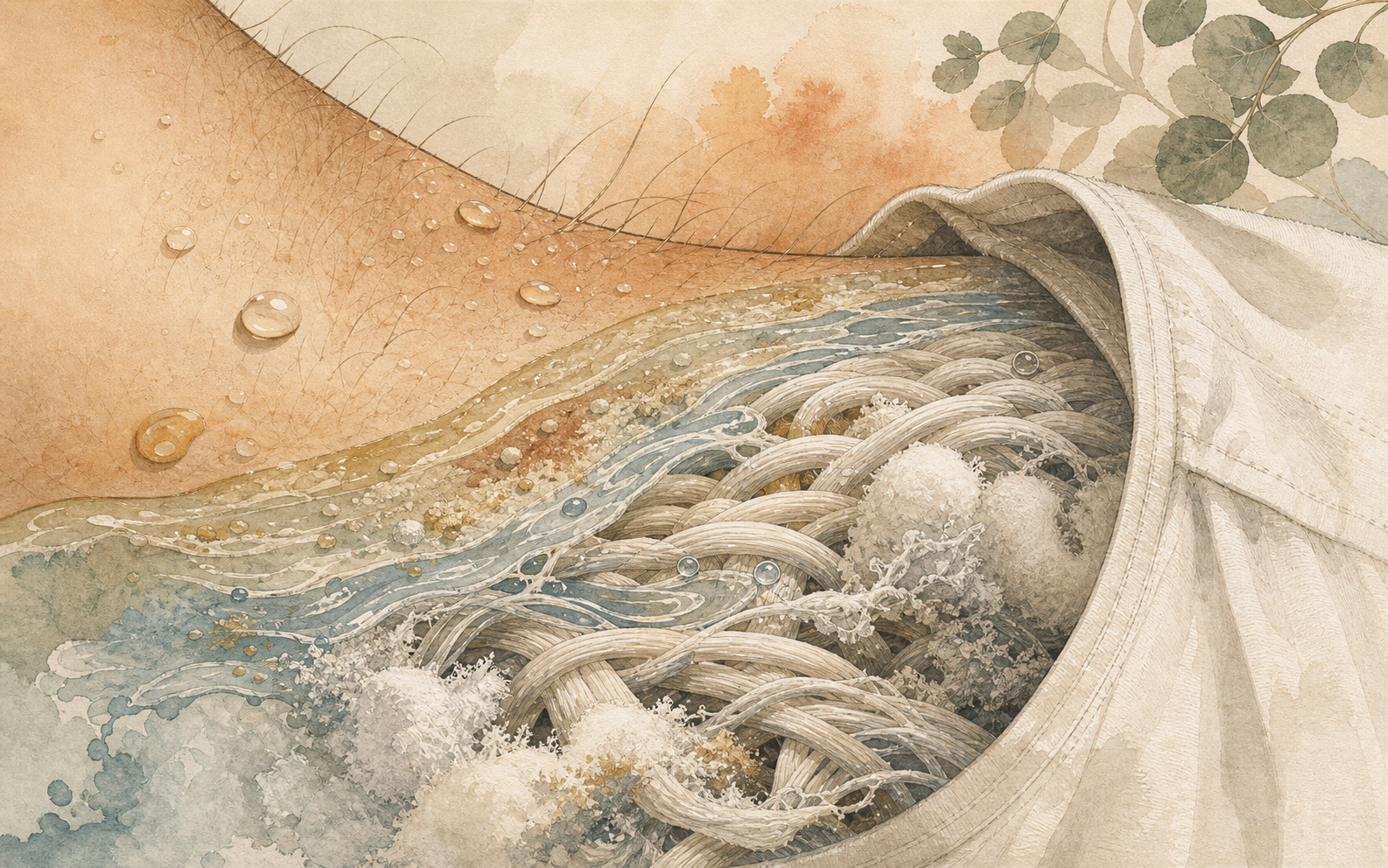 Macro editorial landscape of skin, textile fibers, moisture, and residue layers.