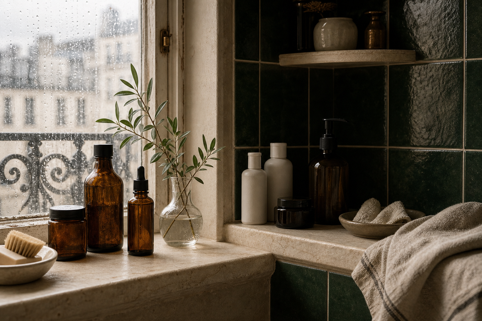 Moody Parisian bathroom with rain on the window over Haussmann rooftops, amber apothecary bottles, an olive sprig, green tile, and a foamer pump