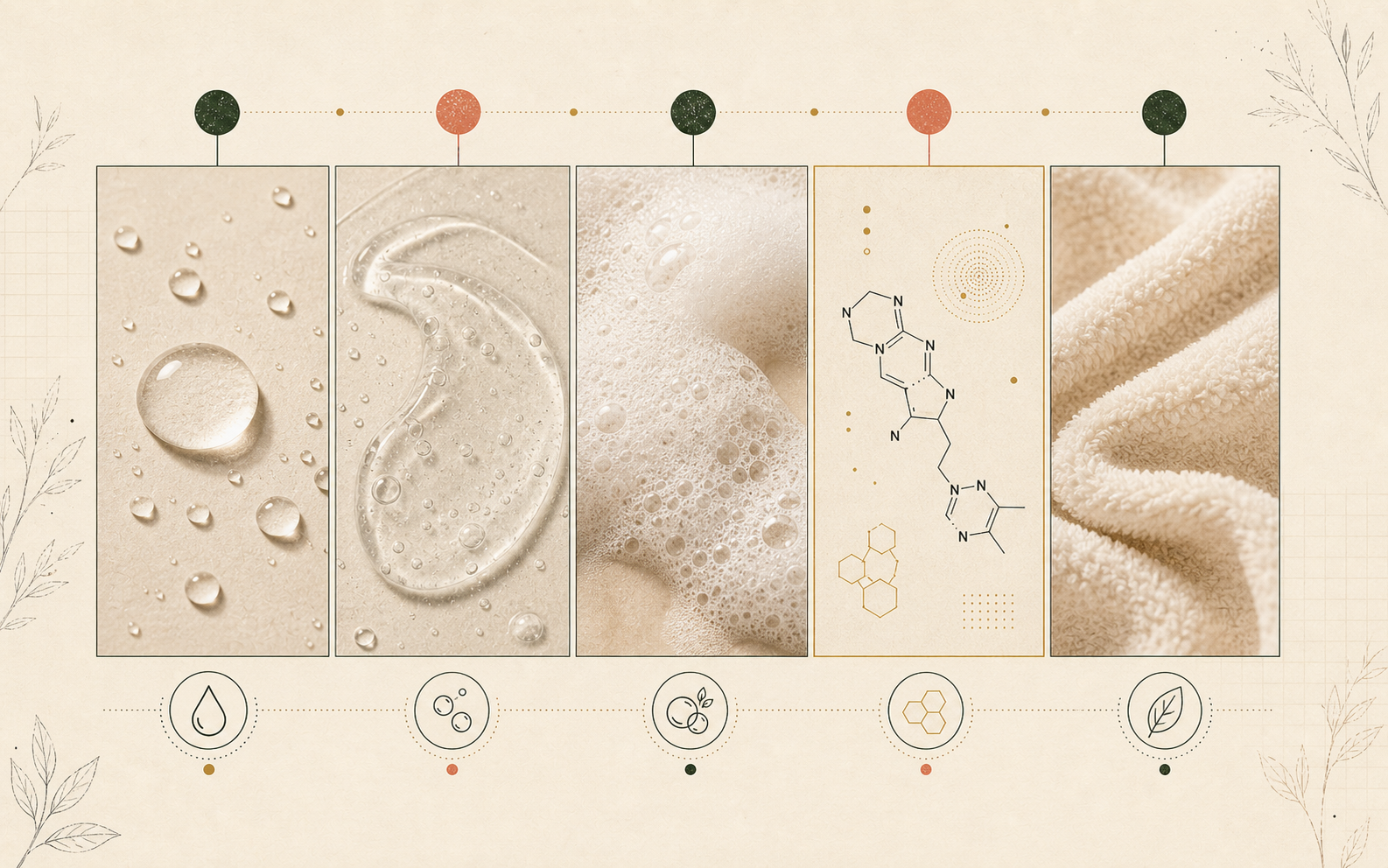 Five-panel ingredient strip: a water droplet, a clear gel smear, white foam, the octenidine molecule sketch over honeycomb, and soft knit fabric