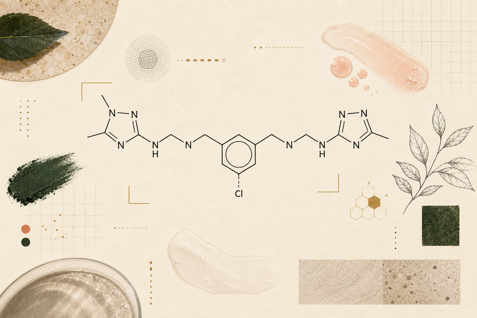 Line drawing of the symmetrical, two-headed octenidine molecule on warm cream paper, surrounded by botanical sprigs and small field-guide notes