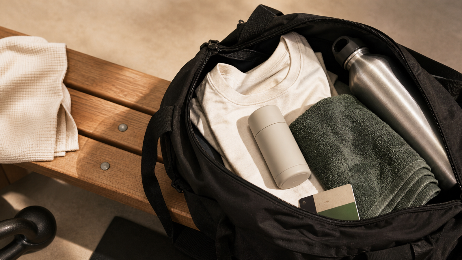 Open gym bag on a wooden bench with a clean shirt, towel, water bottle, transit card, and unbranded deodorant stick.