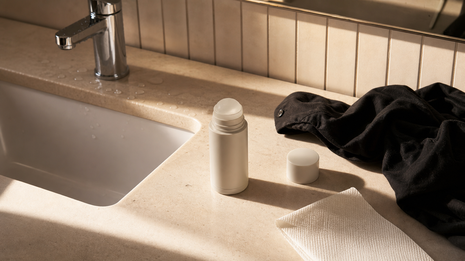 Warm office bathroom counter with an unbranded deodorant stick, black shirt, paper towel, and water drops by the sink.