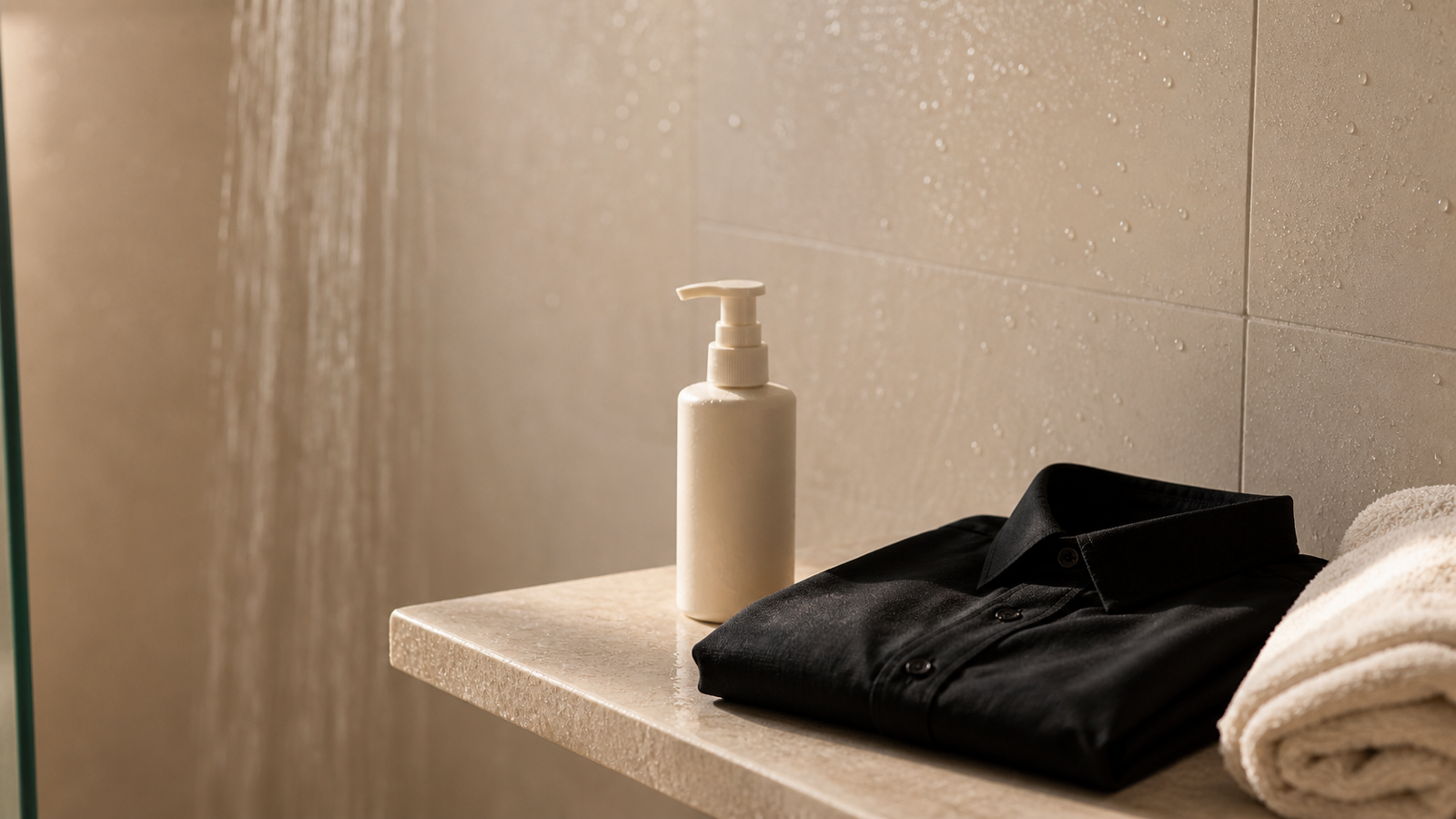 Warm shower shelf with an unbranded foaming pump, running water, folded black shirt, and cream towel.