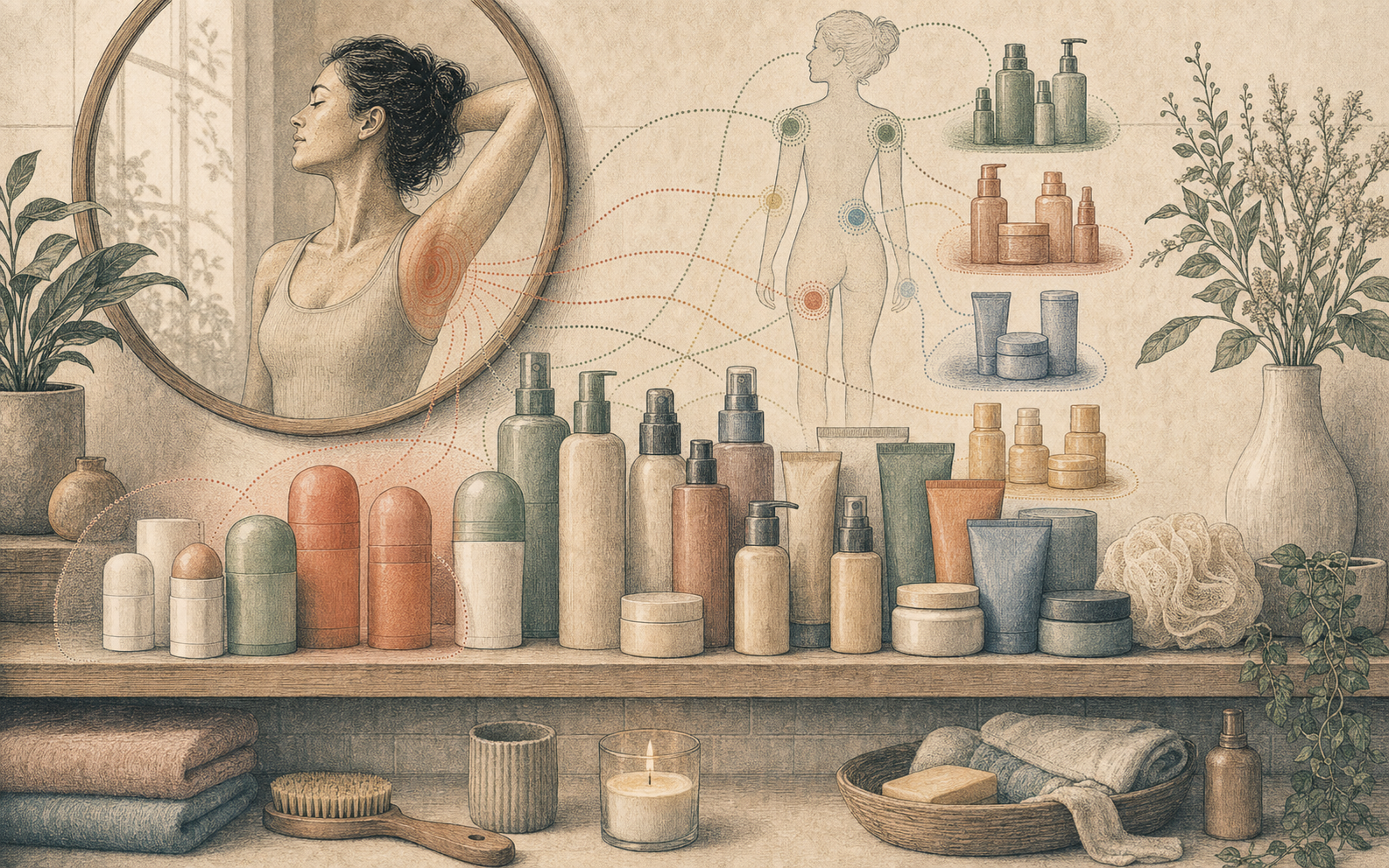 Editorial shelf illustration showing deodorant formats spreading from a small underarm zone into a larger body-care shelf.