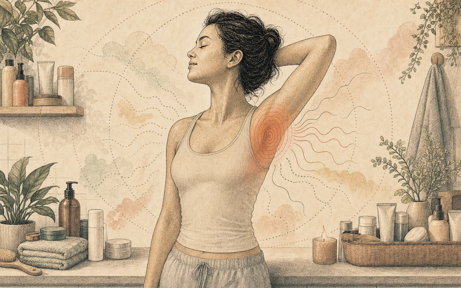 Editorial illustration of a human body outline with scent rings across the body and a focused underarm highlight.