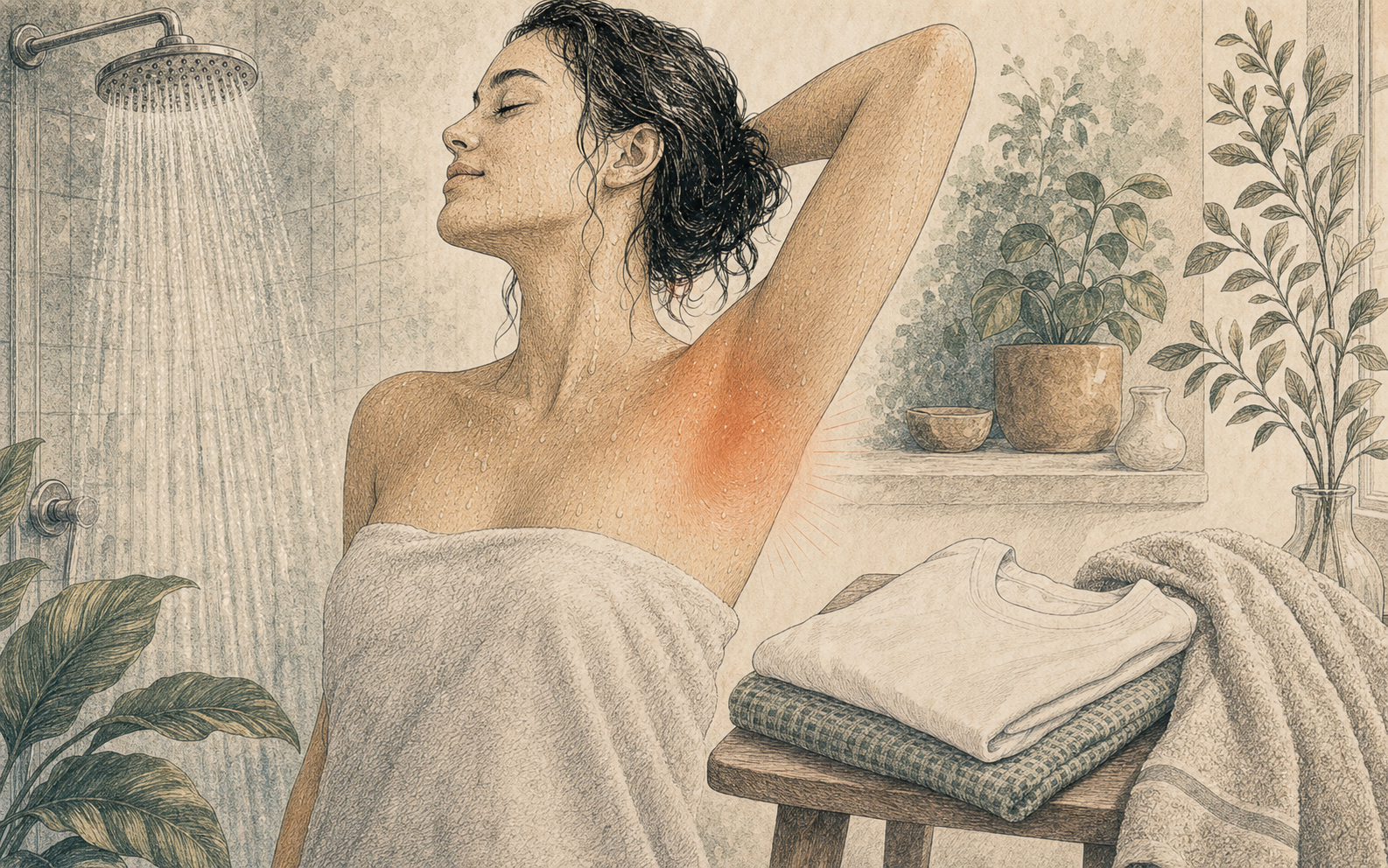 Editorial bathroom illustration with shower water, a clean shirt, and a highlighted underarm reset moment.