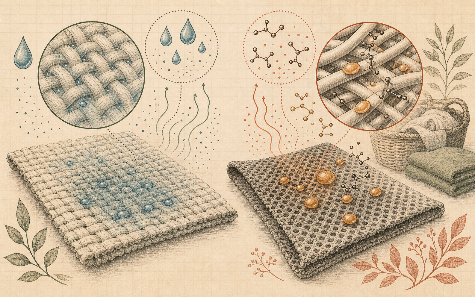Editorial macro comparison of cotton-like and polyester-like fabric swatches holding moisture, oils, and odor molecules differently.