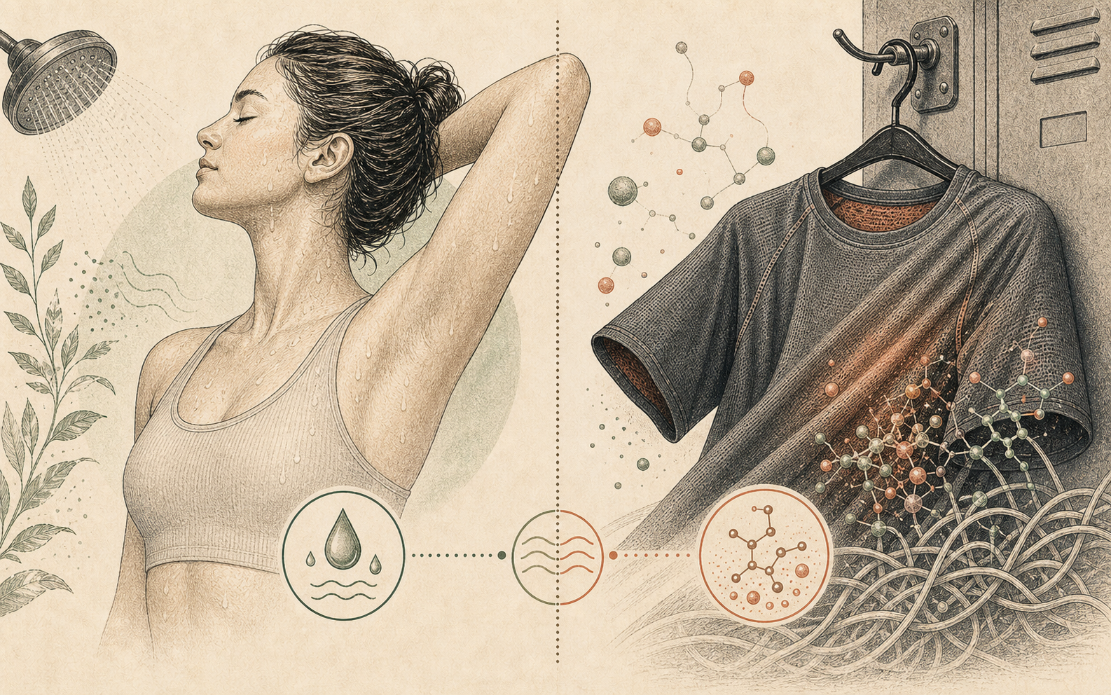 Editorial split illustration showing clean underarm skin beside a gym shirt holding odor molecules in fabric.