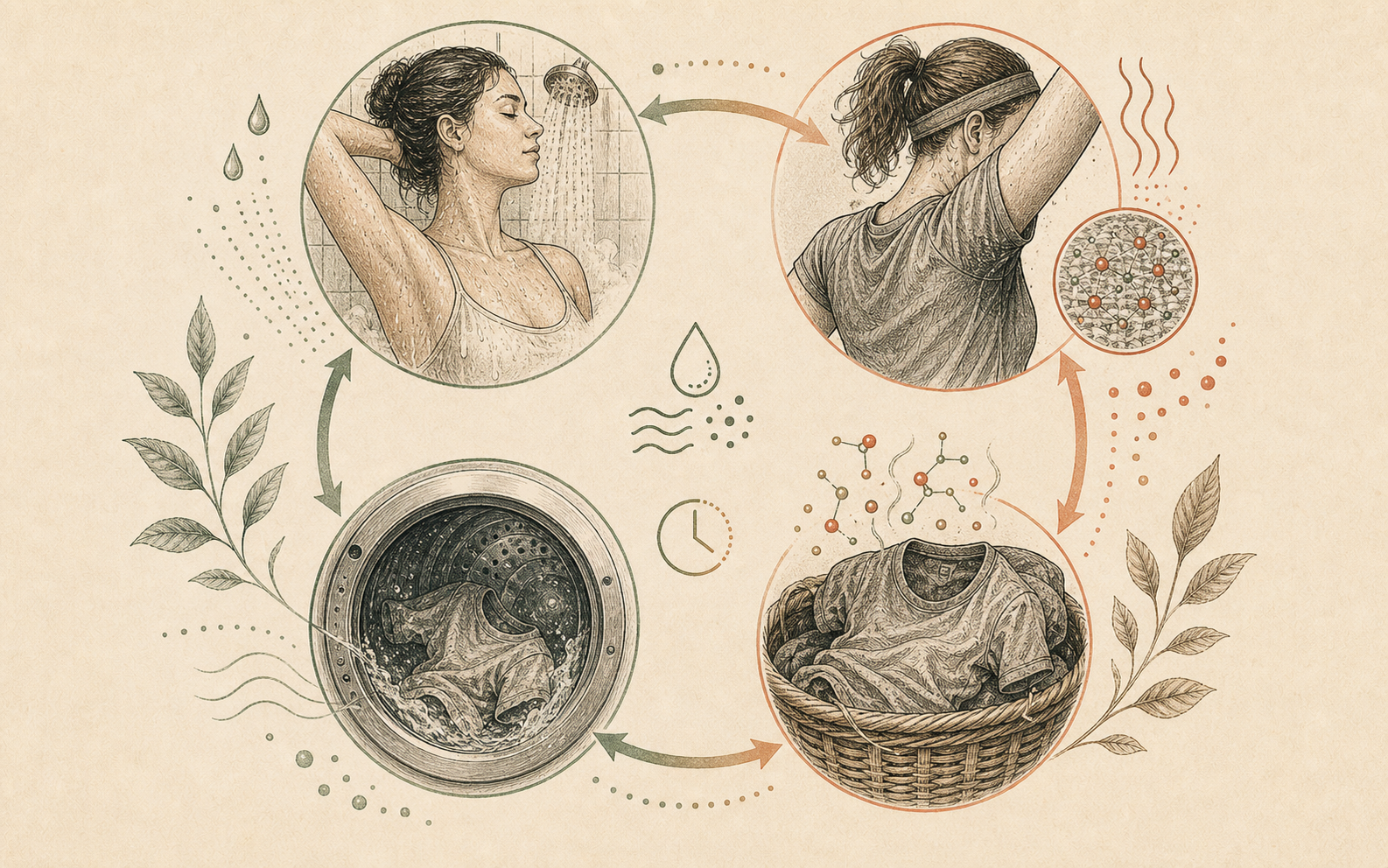 Editorial circular flow showing clean underarm skin, workout shirt contact, hamper odor retention, and washing machine.