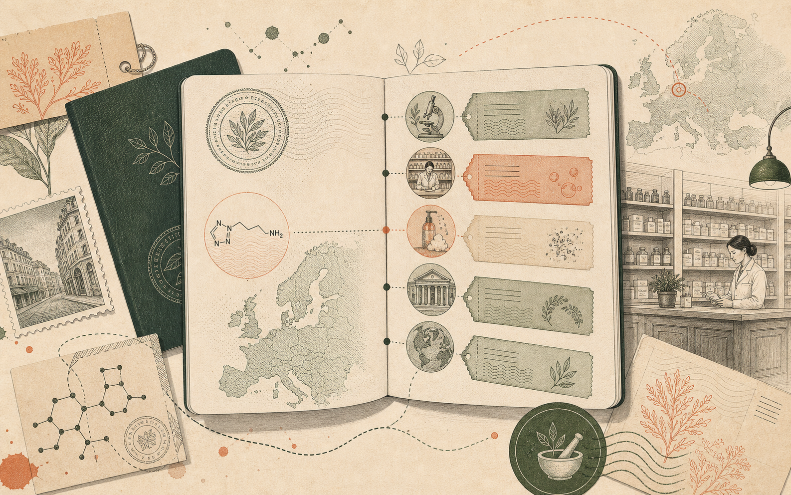 Editorial ingredient passport timeline showing octenidine moving through European research, pharmacy, and label contexts.