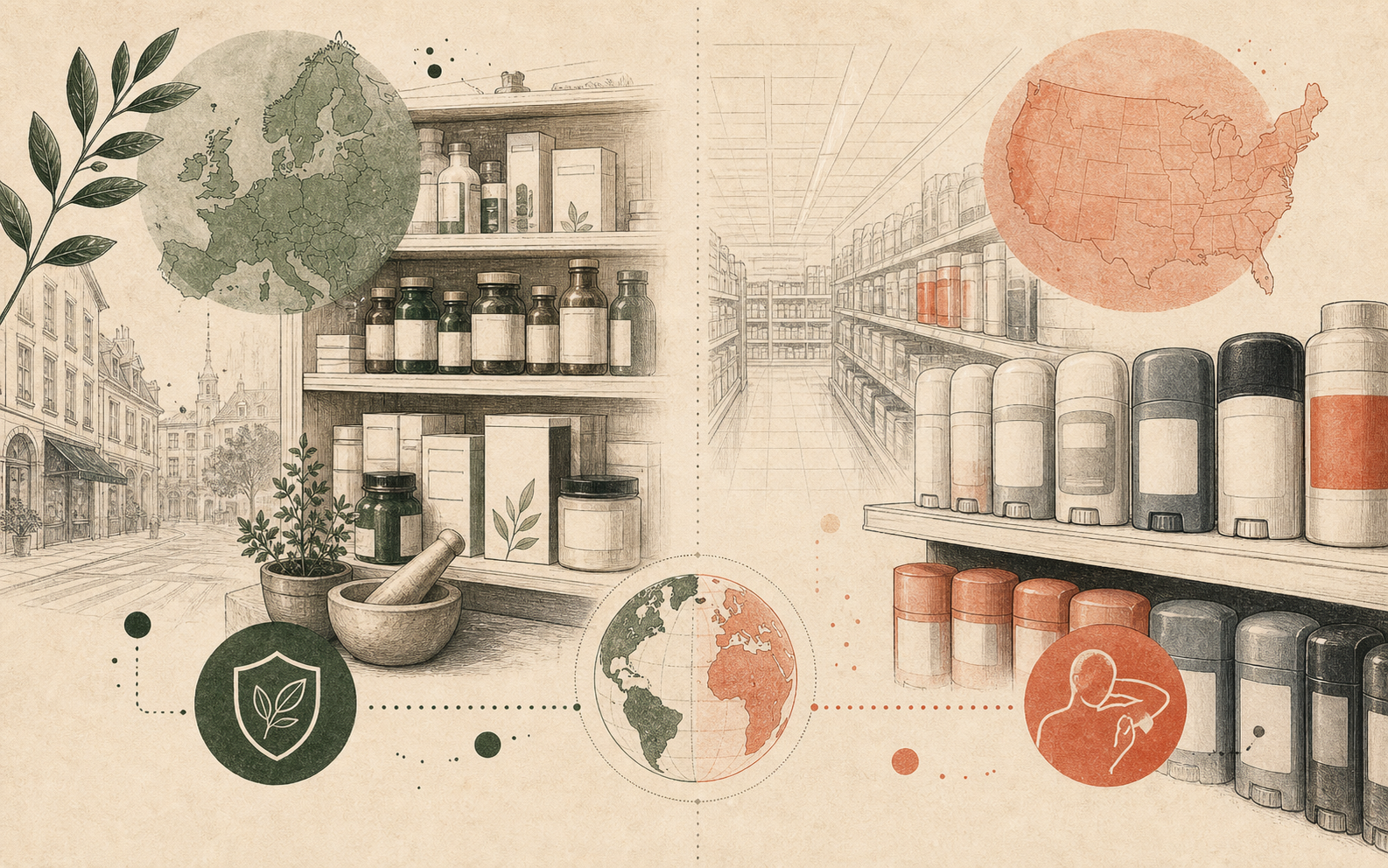 Editorial split illustration of European pharmacy cues and U.S. deodorant aisle cues.