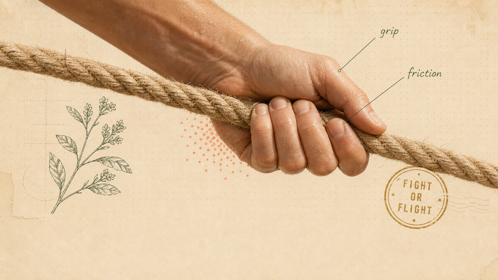 Editorial still life on cream paper of a hand gripping a length of rope, drawn as a field-guide specimen with a botanical sprig, a hand-lettered note about grip and friction, and a small vintage stamp.