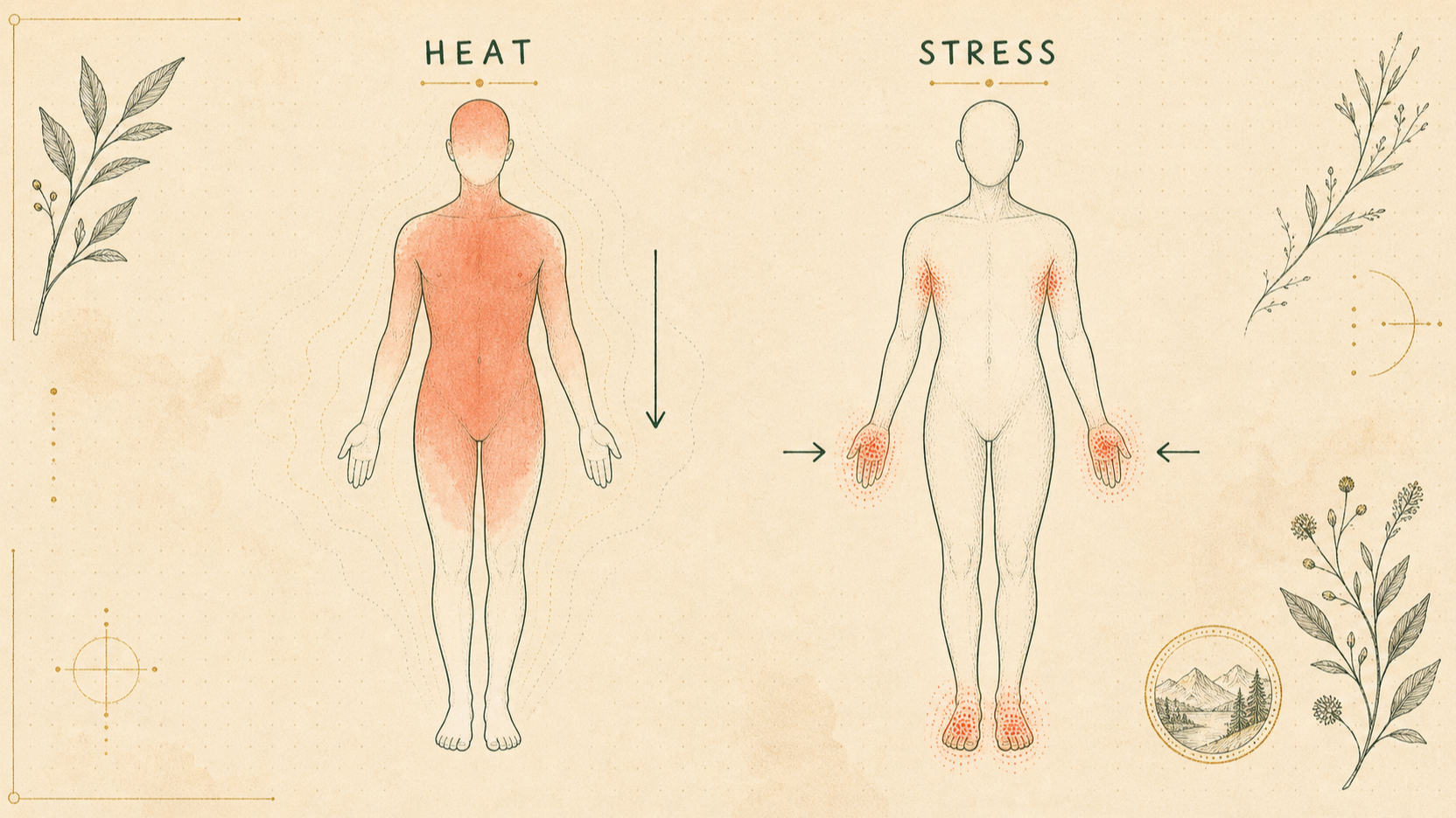 Editorial field-guide diptych of two body diagrams in cream and coral tones: one labeled heat with sweat blooming from the scalp downward, one labeled stress with the palms, soles, and underarms lit up first.