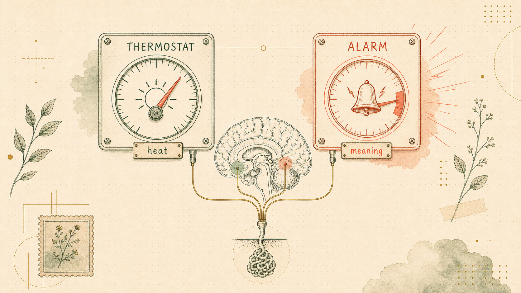 Editorial sketch of two control panels in warm cream, coral, and forest-green tones: one labeled as the heat thermostat and one labeled as the emotional alarm, with fine lines running down toward a small sweat gland.