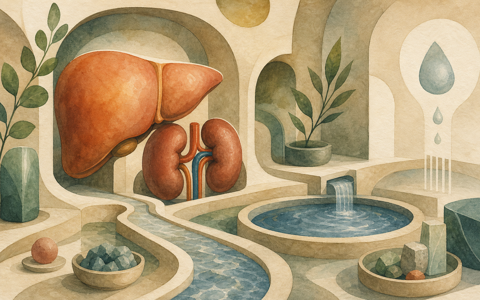 Abstract liver and kidney forms shown as calm internal processing rooms.