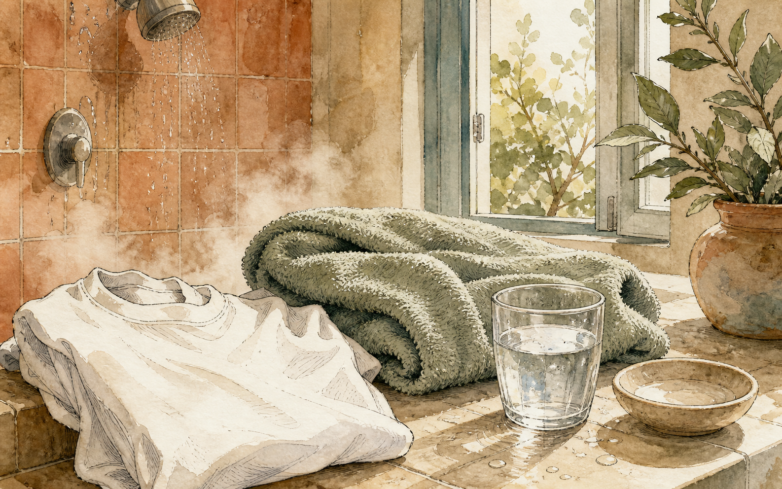 Post-heat bathroom still life with towel, water glass, clean shirt, and shower steam.