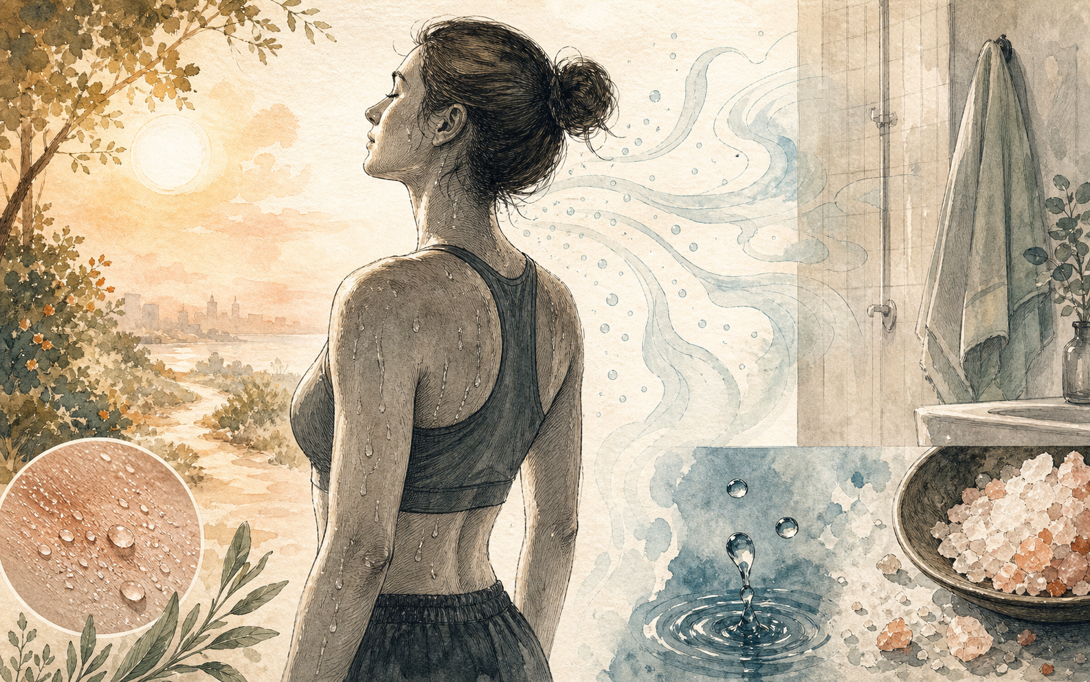 Editorial illustration of sweat droplets evaporating into cooling currents near a shower.
