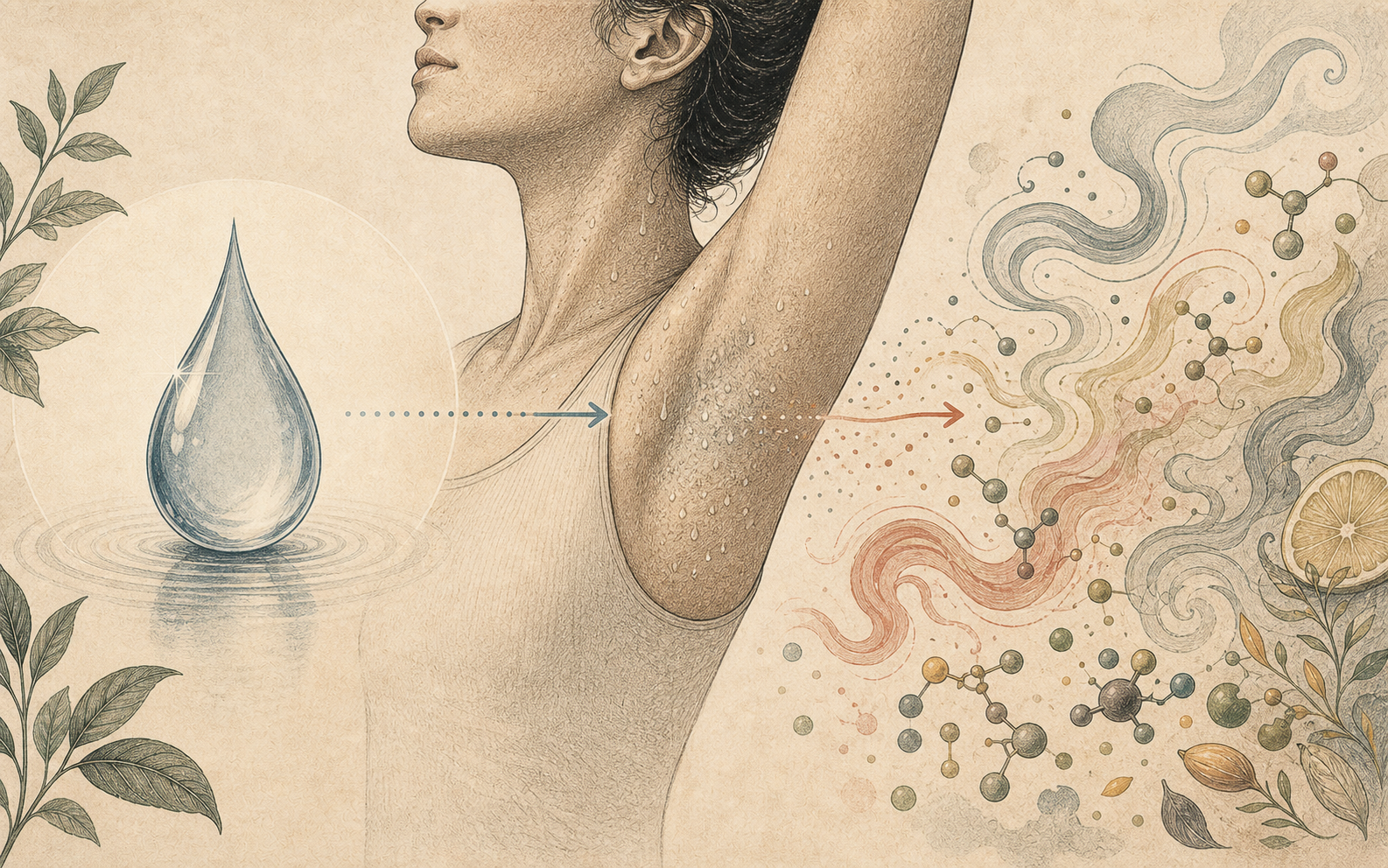 Editorial contrast between a quiet sweat droplet and louder volatile odor swirls.