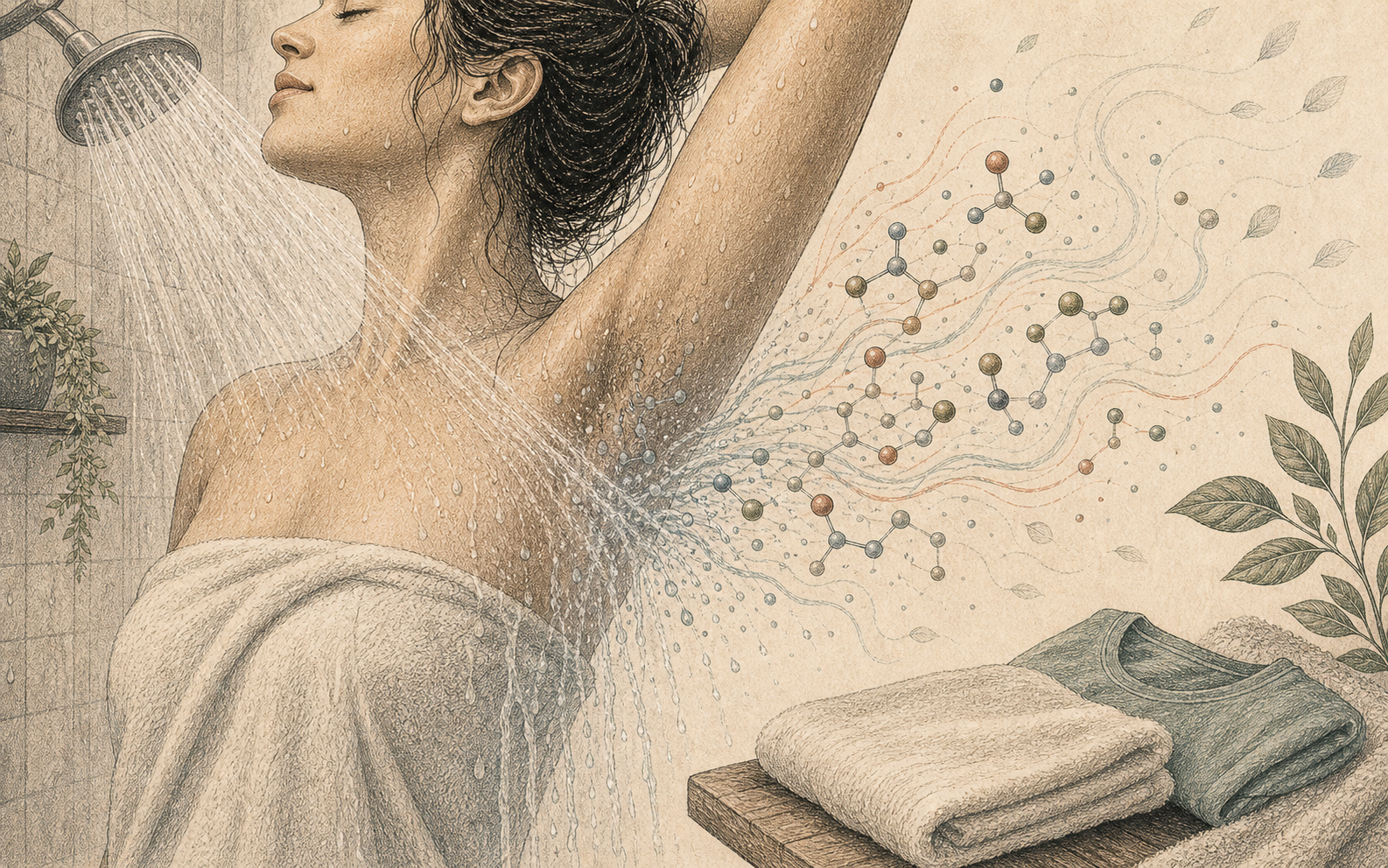 Editorial bathroom illustration of water rinsing away an underarm odor reaction pathway.
