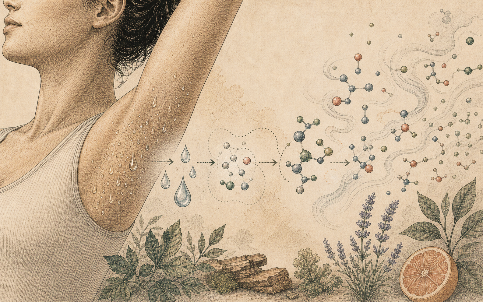 Editorial sequence showing clean sweat droplets becoming more complex odor molecules over time.