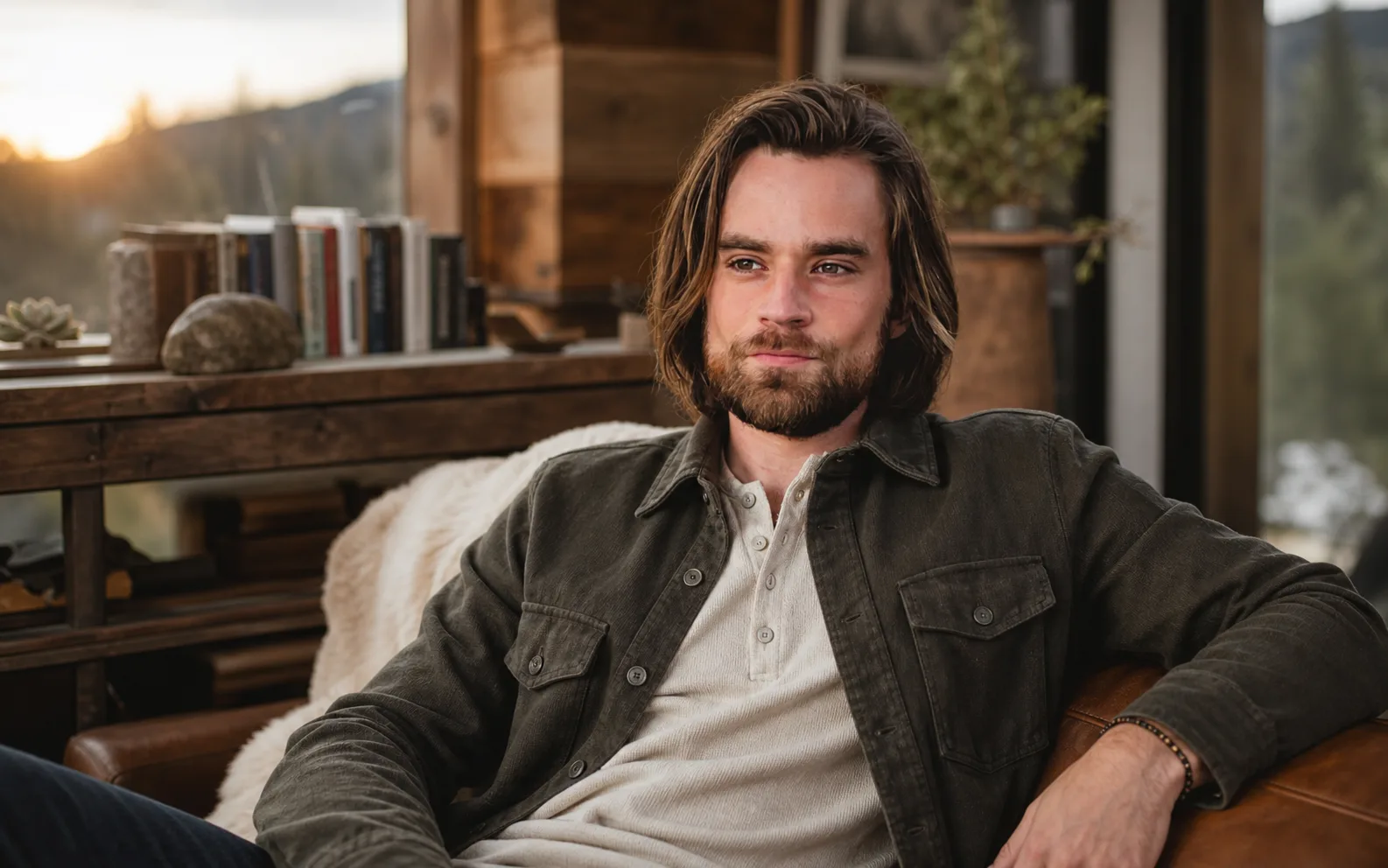 Henry Kronick, founder of GoodSweat, seated in a cabin at golden hour.