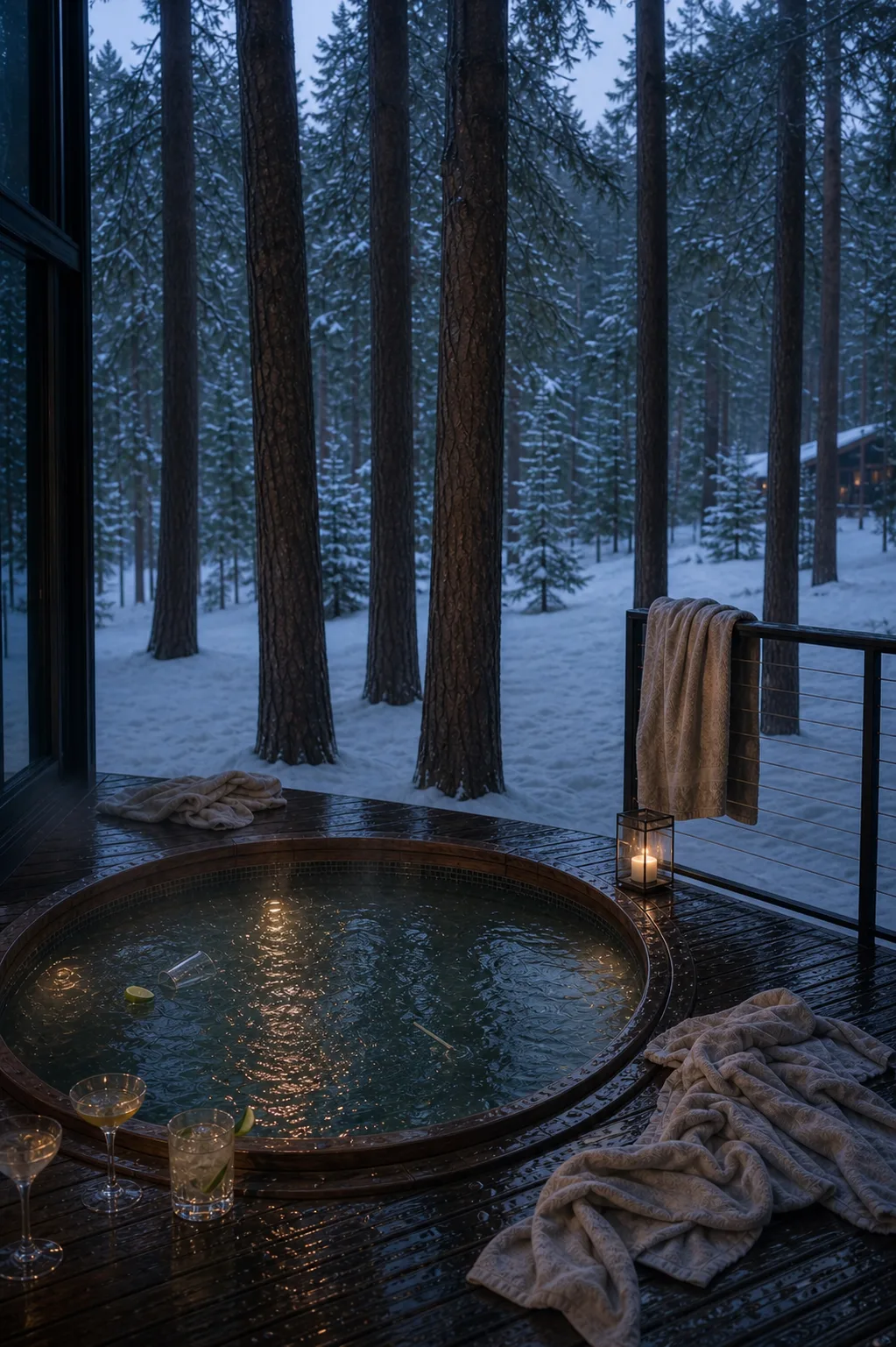 A round cedar hot tub on a wet deck among snowy pines at dusk in Lake Tahoe, towels and a single lantern alongside, cocktail glasses on the deck.