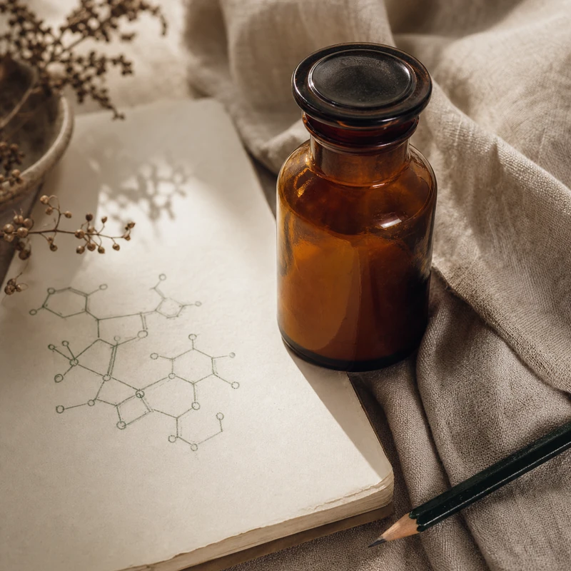 An amber pharmacy bottle beside a hand-drawn chemistry sketch on cream paper and linen.